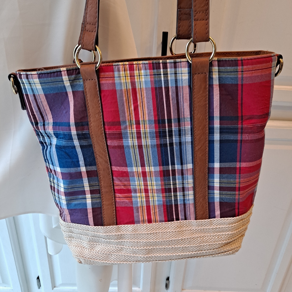 Kim Rogers Red & Blue Madras Plaid Tote with Brown Leather Trim - Picture 5 of 12